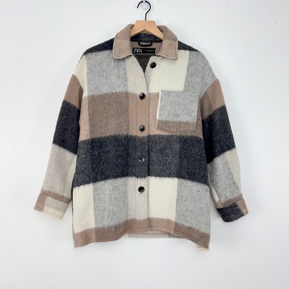 ZARA Oversized Plaid Shacket Jacket Size M Wool Blend Fringe Back Neutral Cozy - Picture 14 of 14